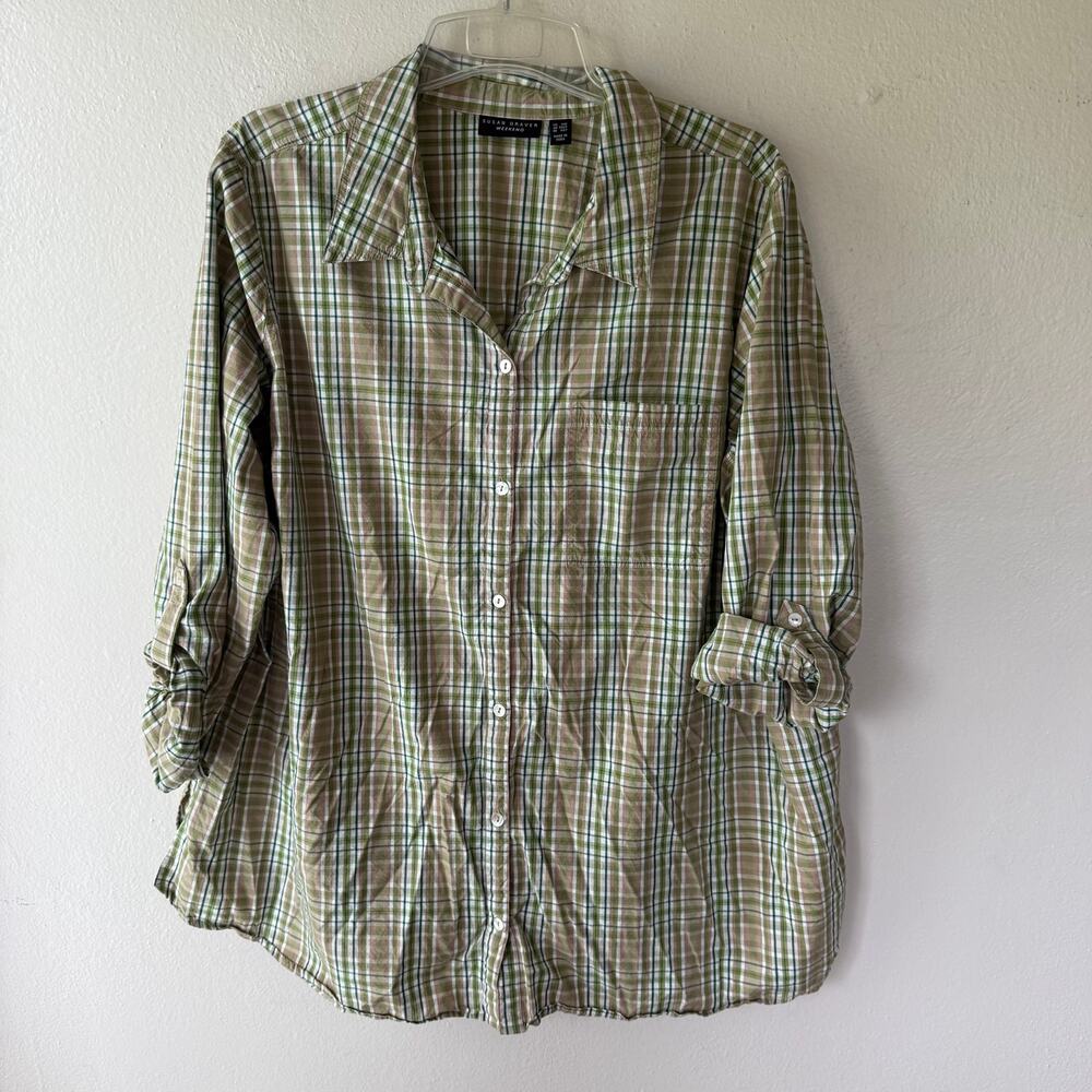 Susan Graver Oversized green plaid shirt size 3X/P Green White front pocket - Picture 6 of 10
